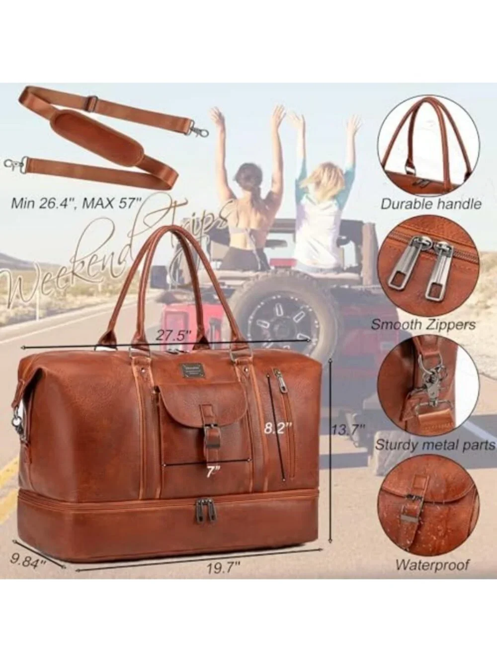 Large Faux Leather Weekender Duffel Bag with Shoes Compartment & Waterproof